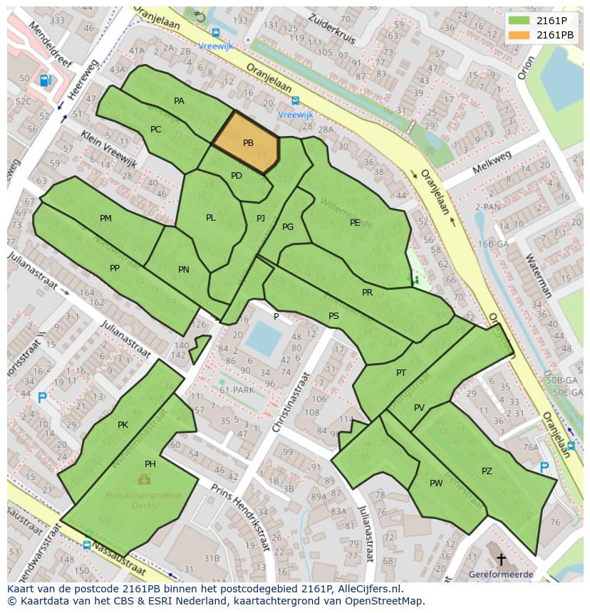 Afbeelding van het postcodegebied 2161 PB op de kaart.