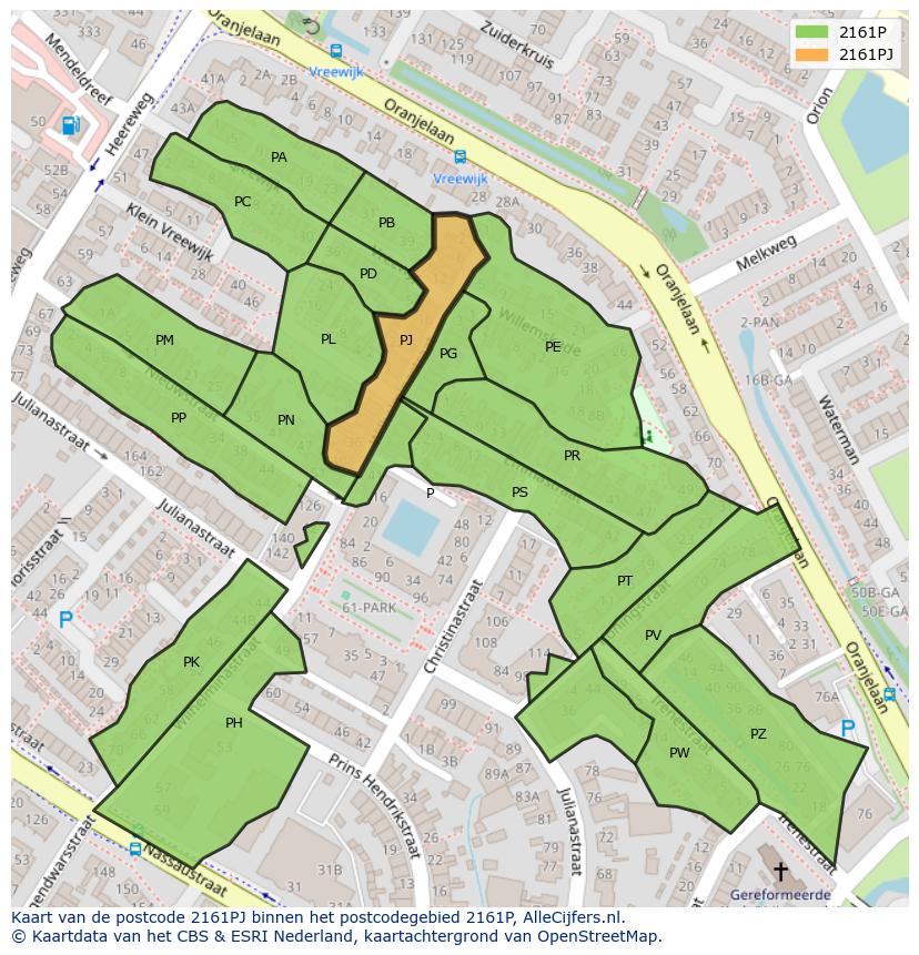 Afbeelding van het postcodegebied 2161 PJ op de kaart.