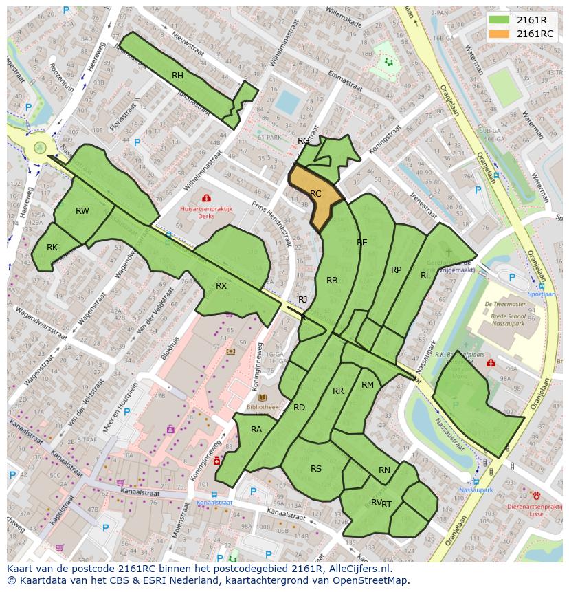 Afbeelding van het postcodegebied 2161 RC op de kaart.