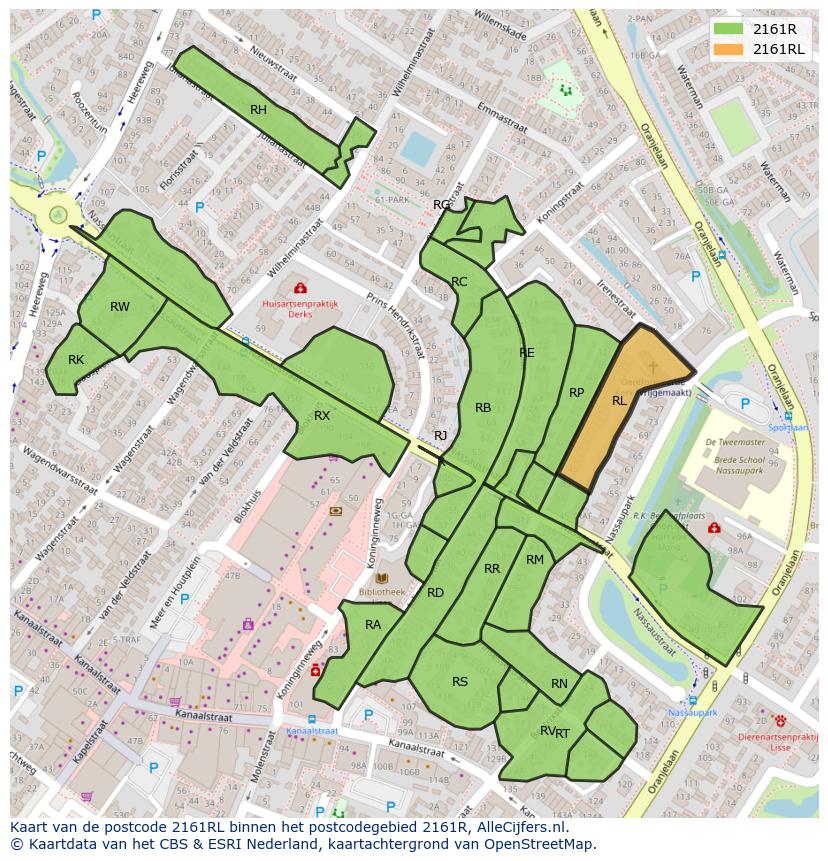 Afbeelding van het postcodegebied 2161 RL op de kaart.