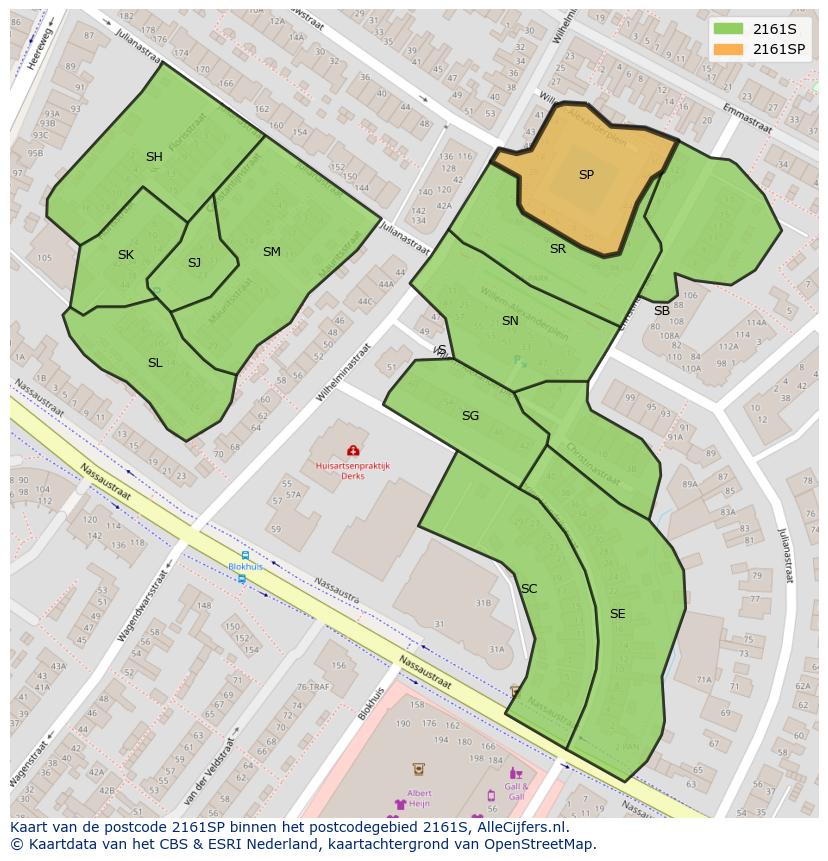 Afbeelding van het postcodegebied 2161 SP op de kaart.