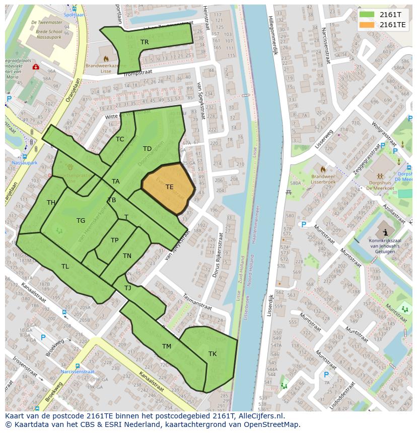 Afbeelding van het postcodegebied 2161 TE op de kaart.