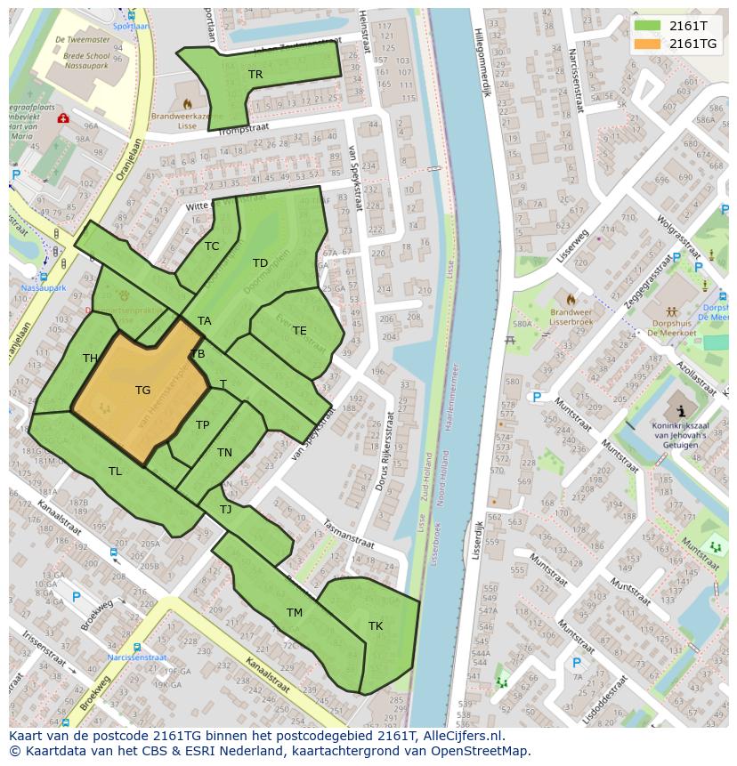 Afbeelding van het postcodegebied 2161 TG op de kaart.