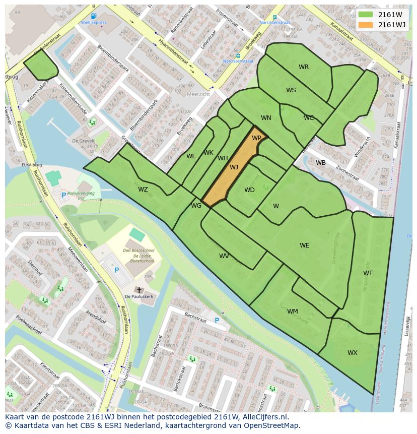 Afbeelding van het postcodegebied 2161 WJ op de kaart.