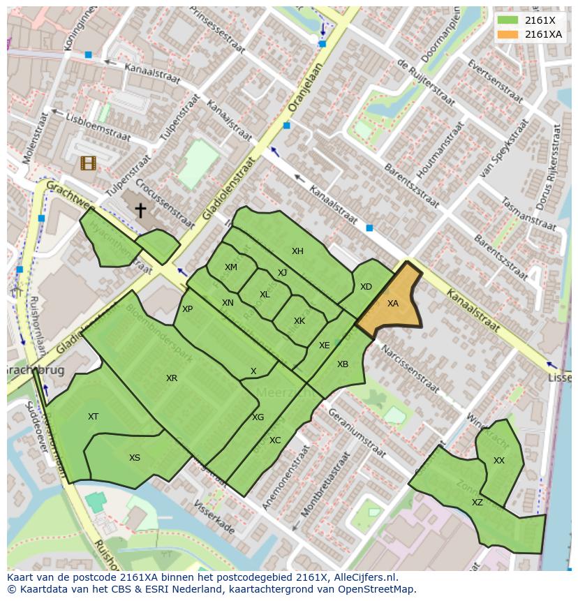 Afbeelding van het postcodegebied 2161 XA op de kaart.