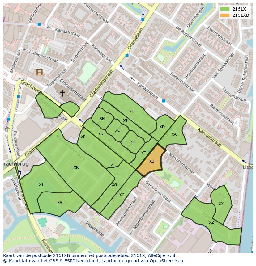 Afbeelding van het postcodegebied 2161 XB op de kaart.
