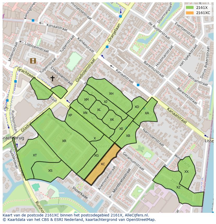 Afbeelding van het postcodegebied 2161 XC op de kaart.
