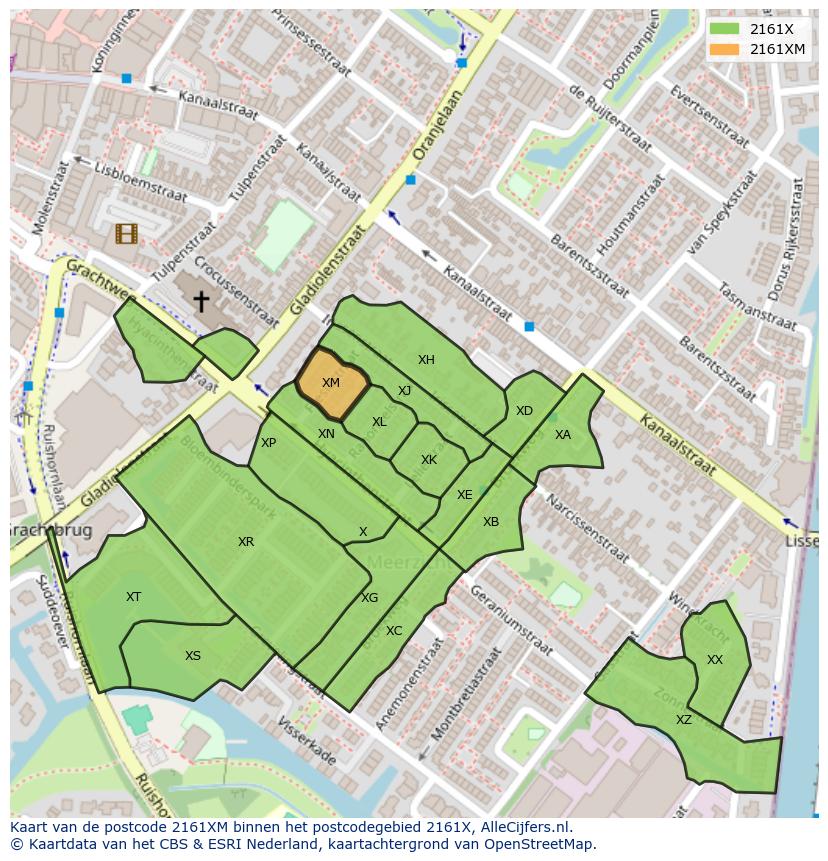 Afbeelding van het postcodegebied 2161 XM op de kaart.