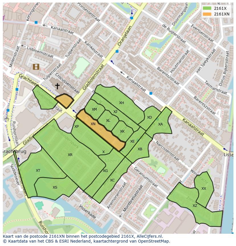 Afbeelding van het postcodegebied 2161 XN op de kaart.