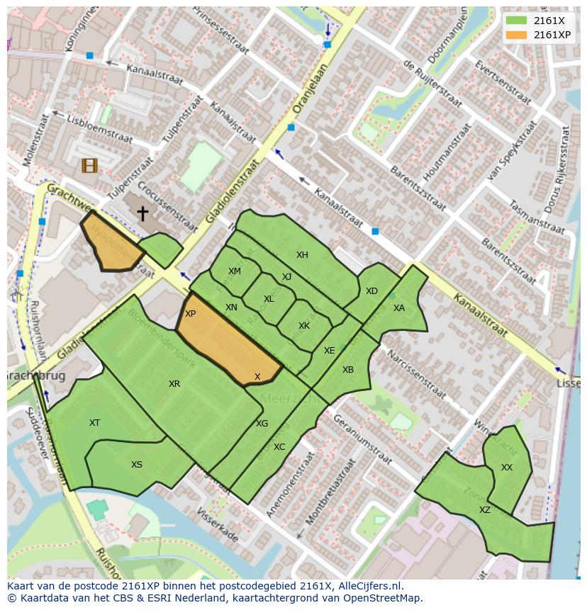 Afbeelding van het postcodegebied 2161 XP op de kaart.