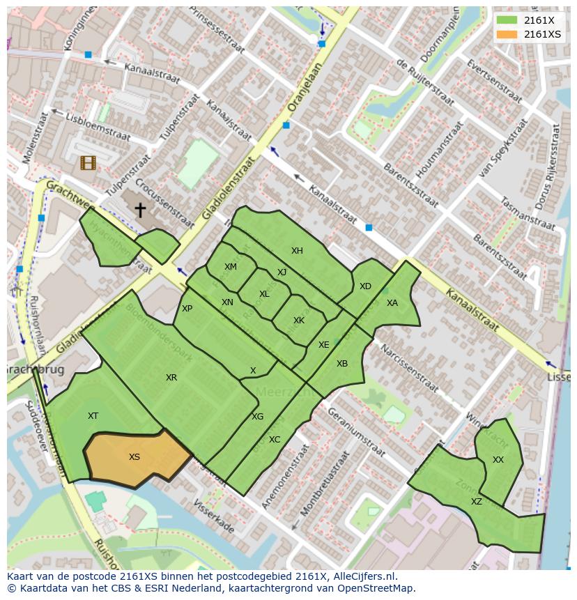 Afbeelding van het postcodegebied 2161 XS op de kaart.