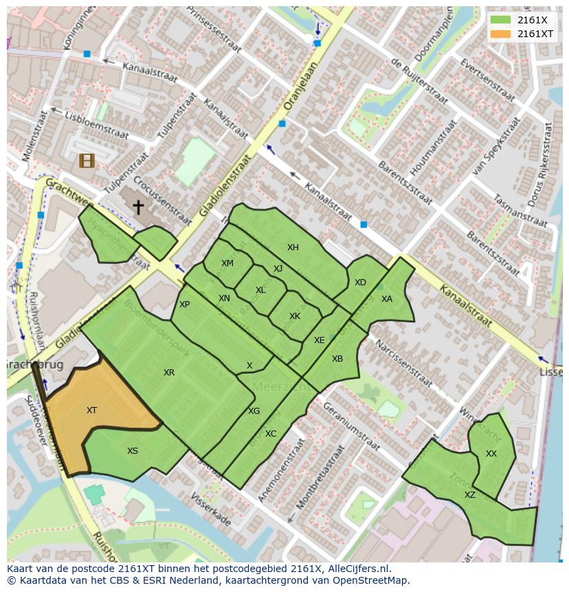 Afbeelding van het postcodegebied 2161 XT op de kaart.