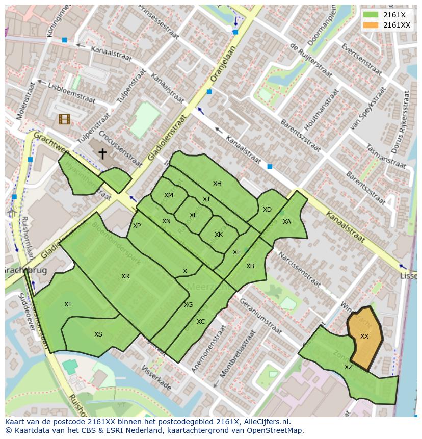 Afbeelding van het postcodegebied 2161 XX op de kaart.