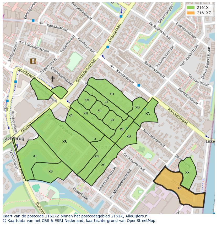 Afbeelding van het postcodegebied 2161 XZ op de kaart.