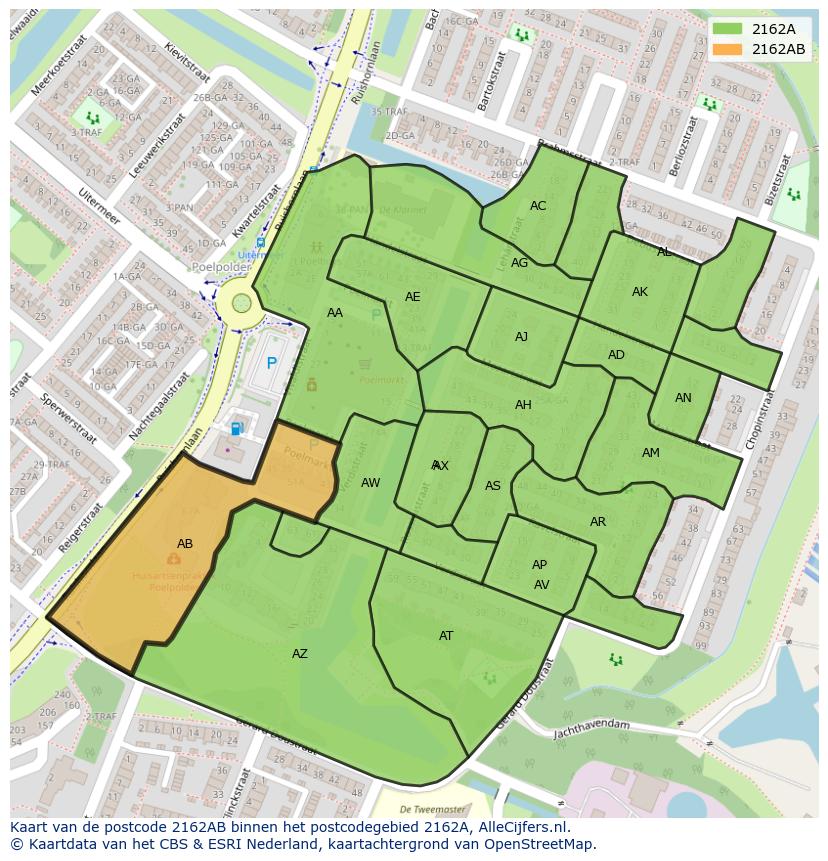 Afbeelding van het postcodegebied 2162 AB op de kaart.