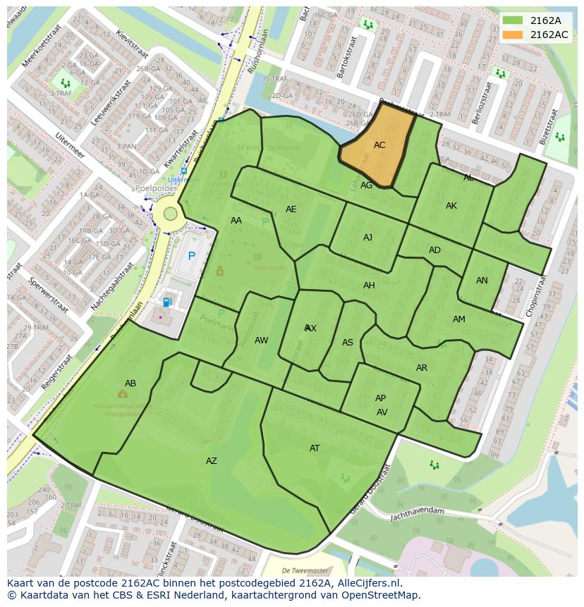 Afbeelding van het postcodegebied 2162 AC op de kaart.