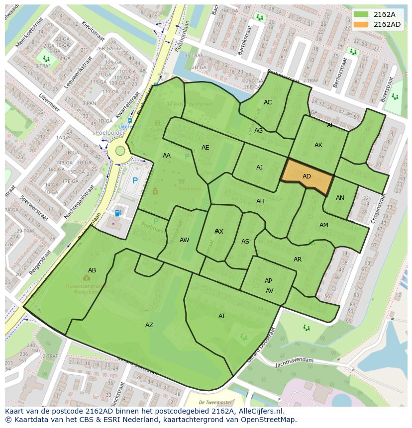 Afbeelding van het postcodegebied 2162 AD op de kaart.