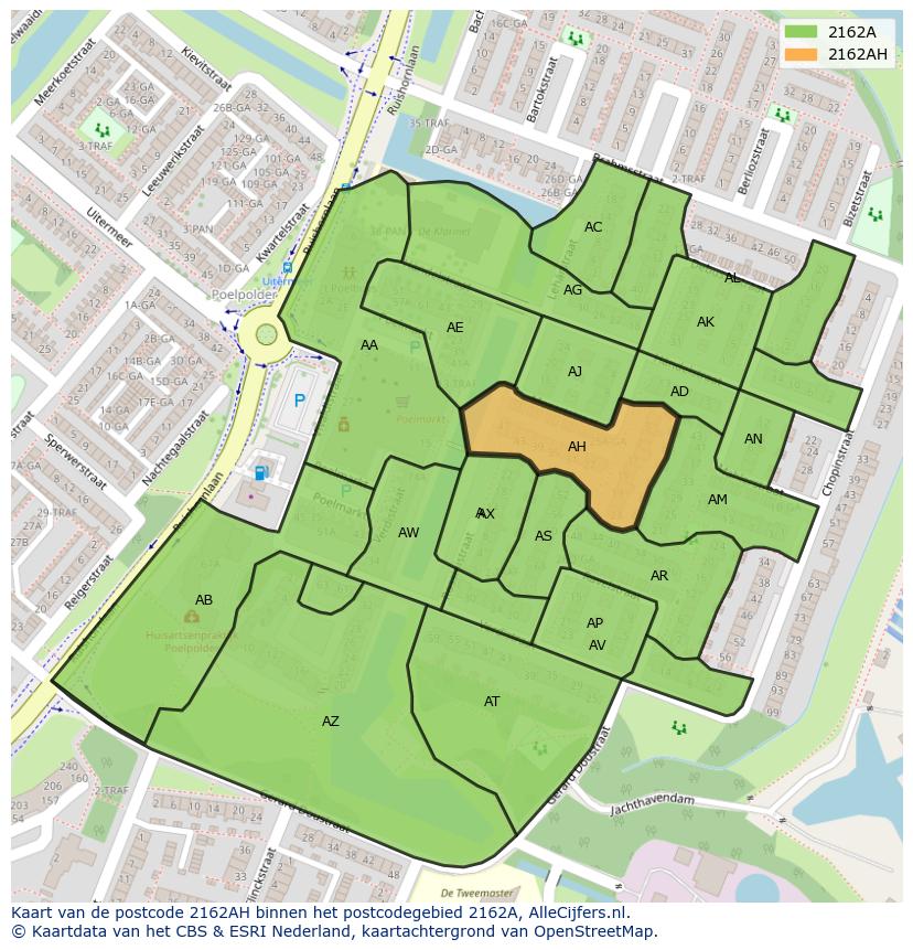Afbeelding van het postcodegebied 2162 AH op de kaart.