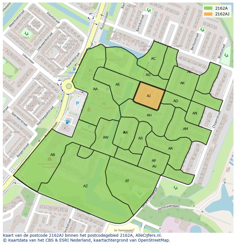 Afbeelding van het postcodegebied 2162 AJ op de kaart.