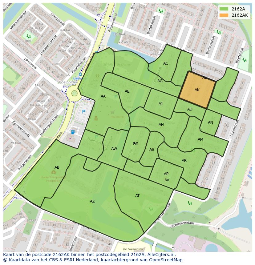 Afbeelding van het postcodegebied 2162 AK op de kaart.