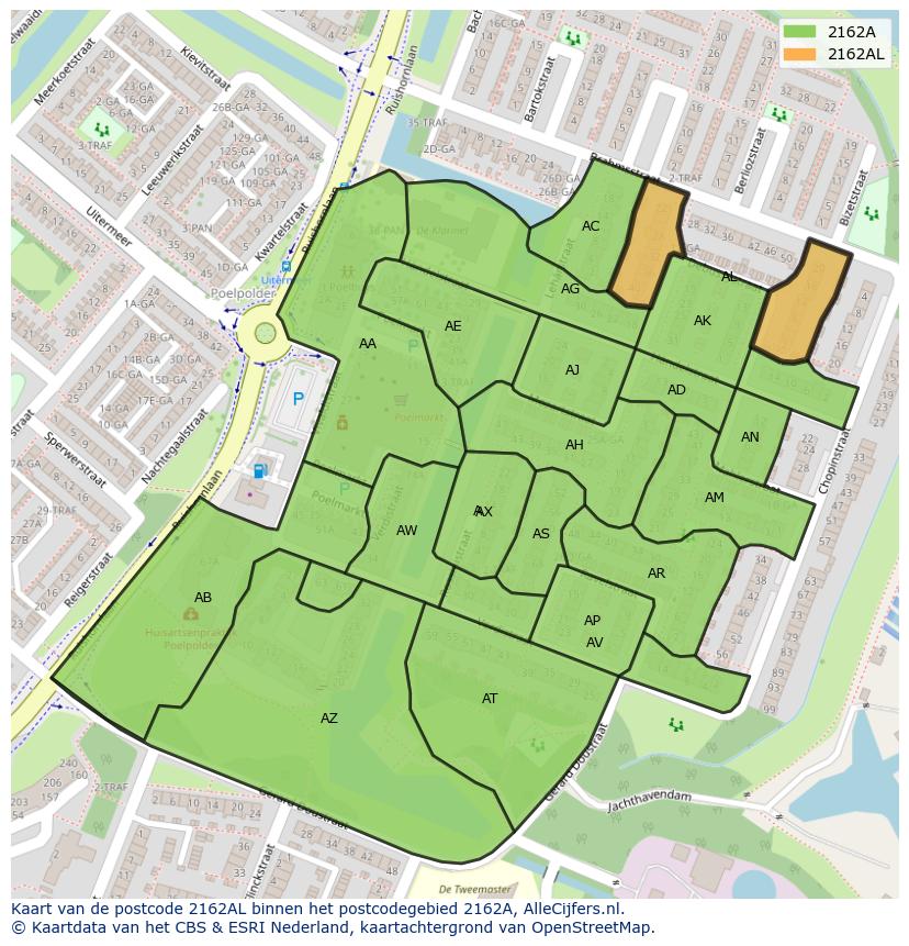 Afbeelding van het postcodegebied 2162 AL op de kaart.