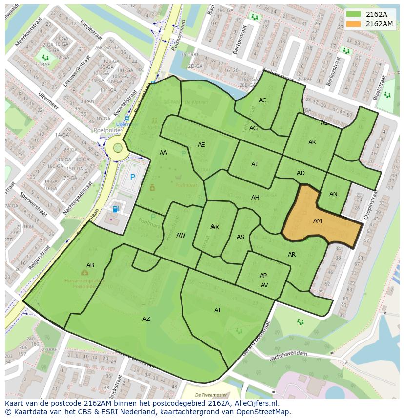 Afbeelding van het postcodegebied 2162 AM op de kaart.