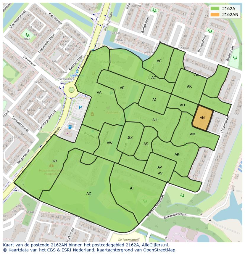 Afbeelding van het postcodegebied 2162 AN op de kaart.