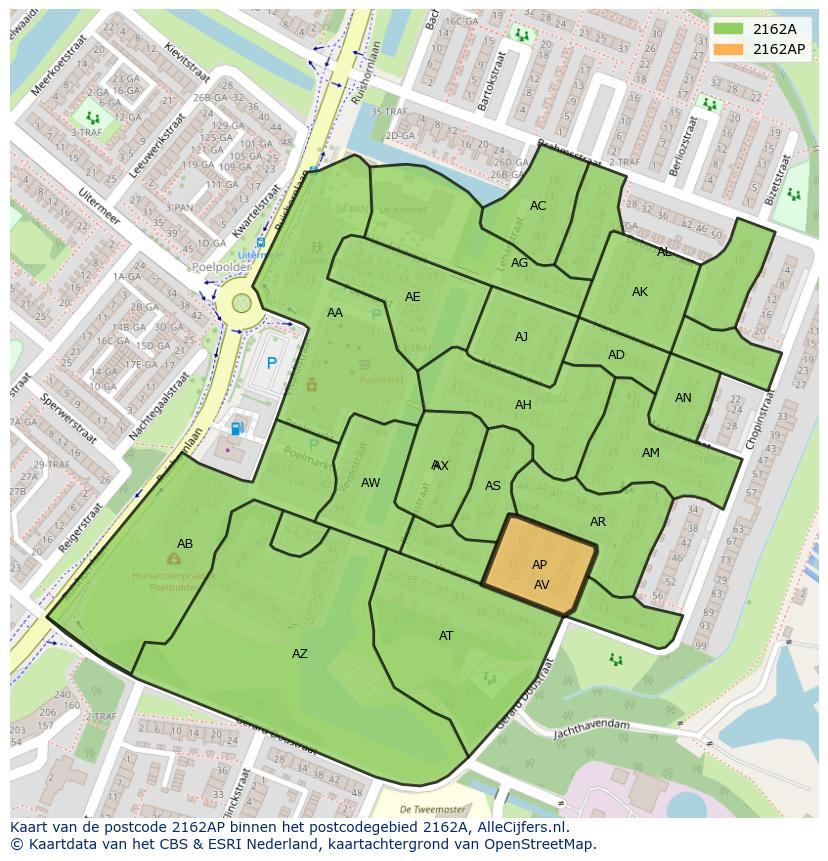 Afbeelding van het postcodegebied 2162 AP op de kaart.