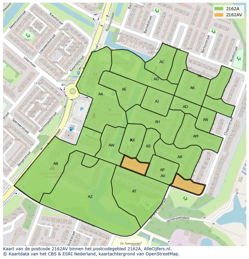 Afbeelding van het postcodegebied 2162 AV op de kaart.