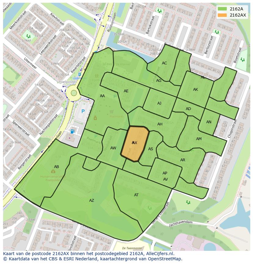Afbeelding van het postcodegebied 2162 AX op de kaart.