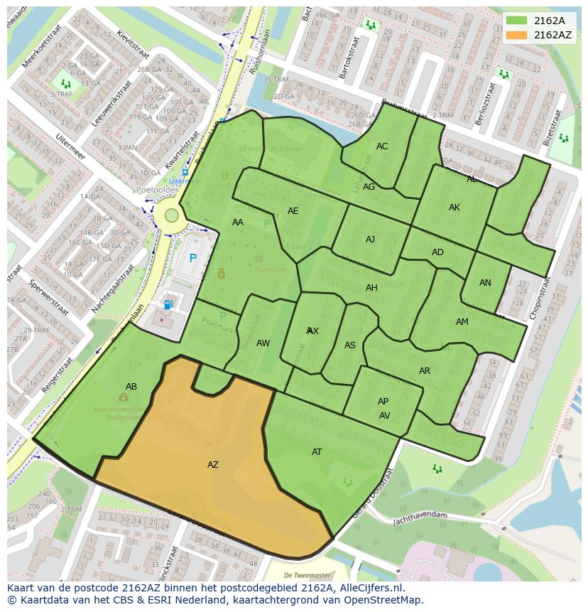 Afbeelding van het postcodegebied 2162 AZ op de kaart.