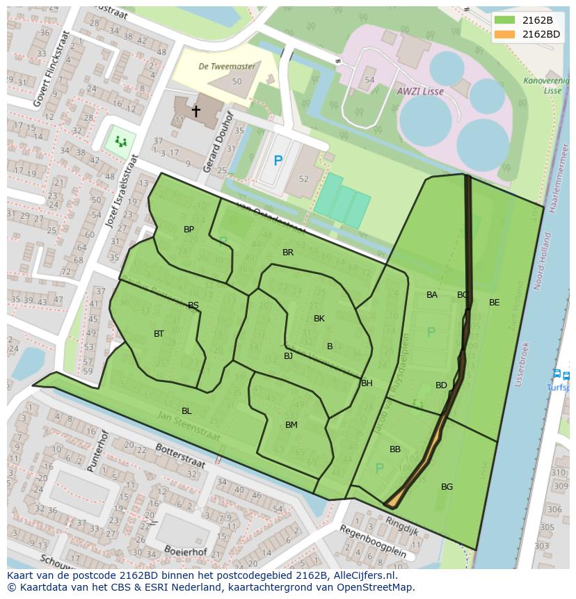 Afbeelding van het postcodegebied 2162 BD op de kaart.