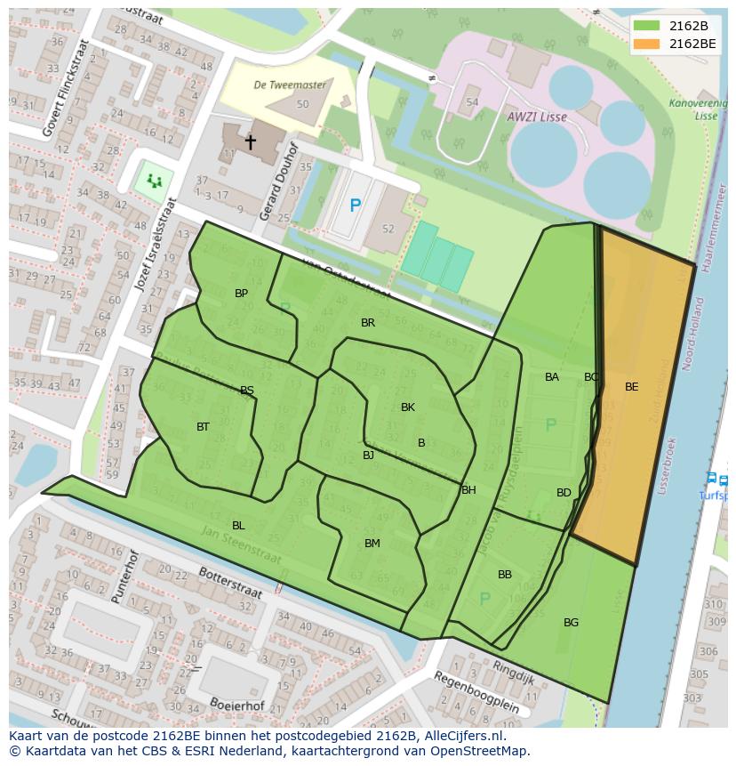 Afbeelding van het postcodegebied 2162 BE op de kaart.