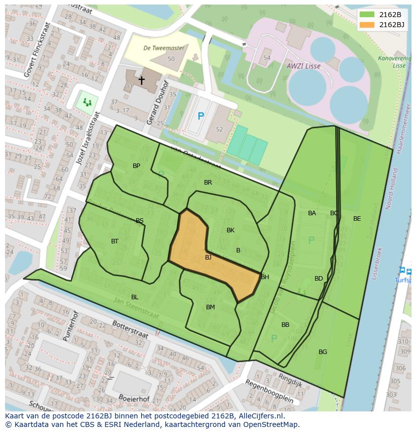 Afbeelding van het postcodegebied 2162 BJ op de kaart.