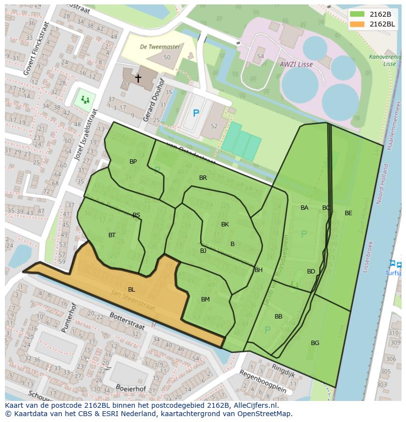 Afbeelding van het postcodegebied 2162 BL op de kaart.