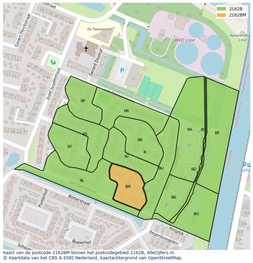 Afbeelding van het postcodegebied 2162 BM op de kaart.