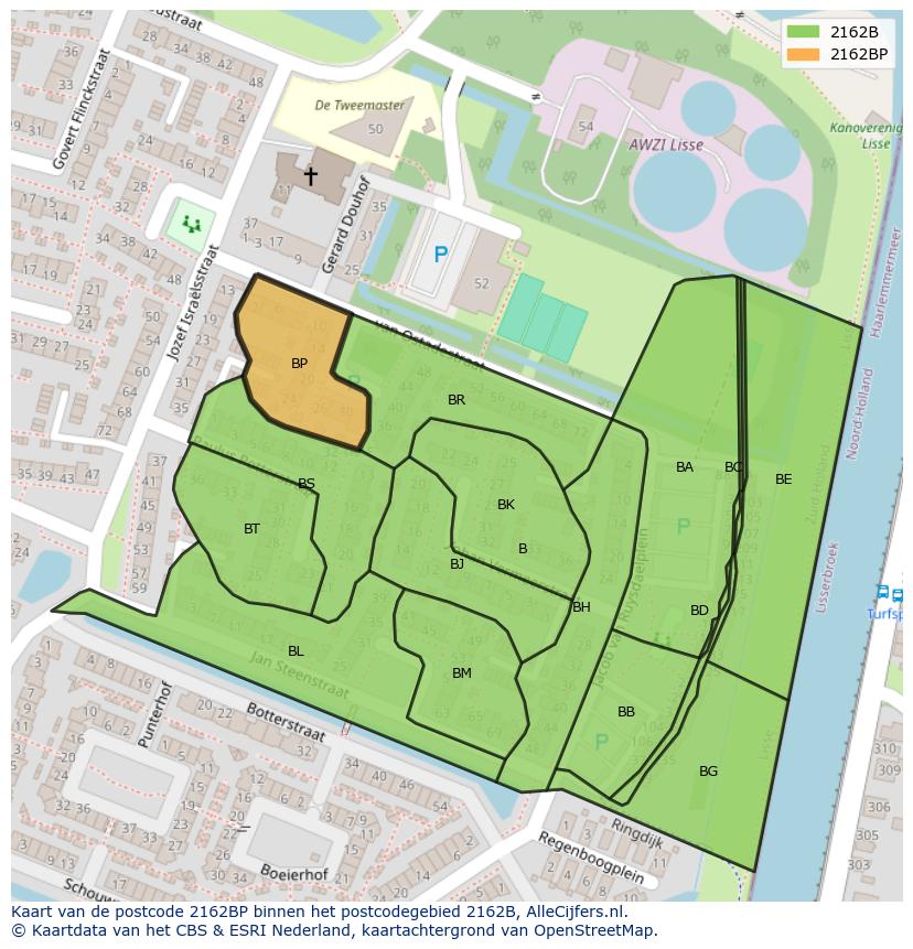 Afbeelding van het postcodegebied 2162 BP op de kaart.