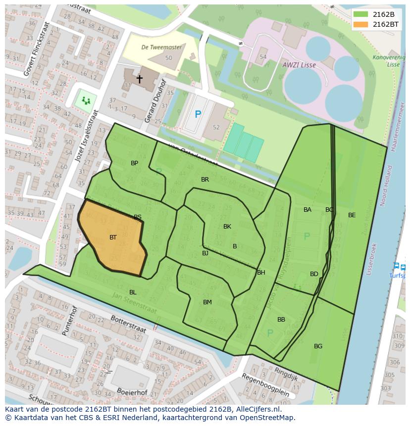 Afbeelding van het postcodegebied 2162 BT op de kaart.