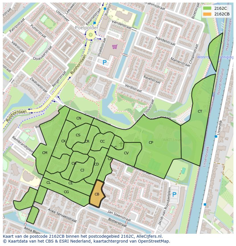 Afbeelding van het postcodegebied 2162 CB op de kaart.