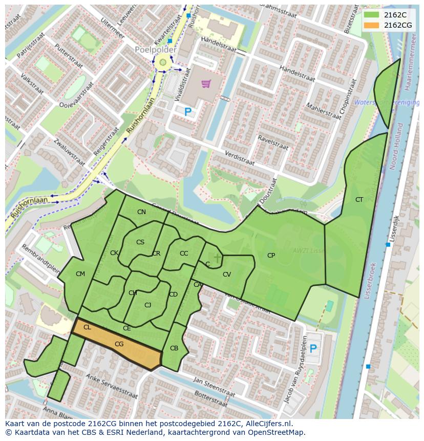 Afbeelding van het postcodegebied 2162 CG op de kaart.