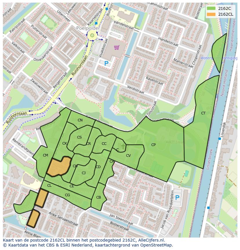 Afbeelding van het postcodegebied 2162 CL op de kaart.