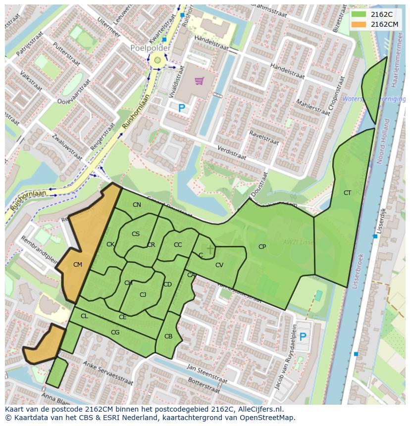 Afbeelding van het postcodegebied 2162 CM op de kaart.
