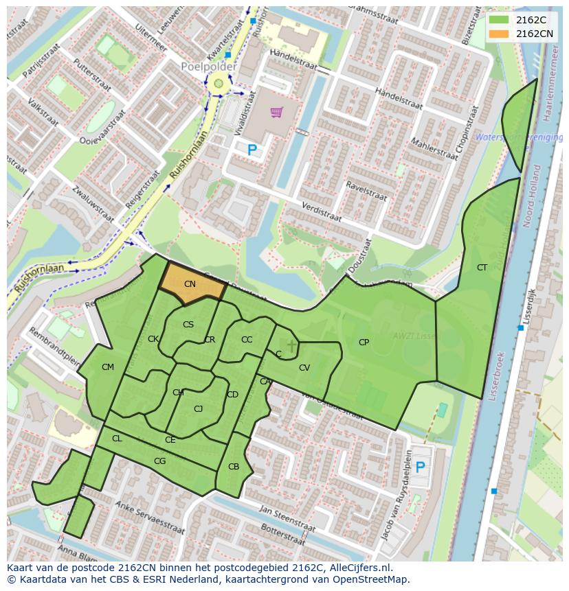 Afbeelding van het postcodegebied 2162 CN op de kaart.
