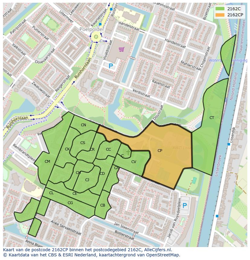 Afbeelding van het postcodegebied 2162 CP op de kaart.