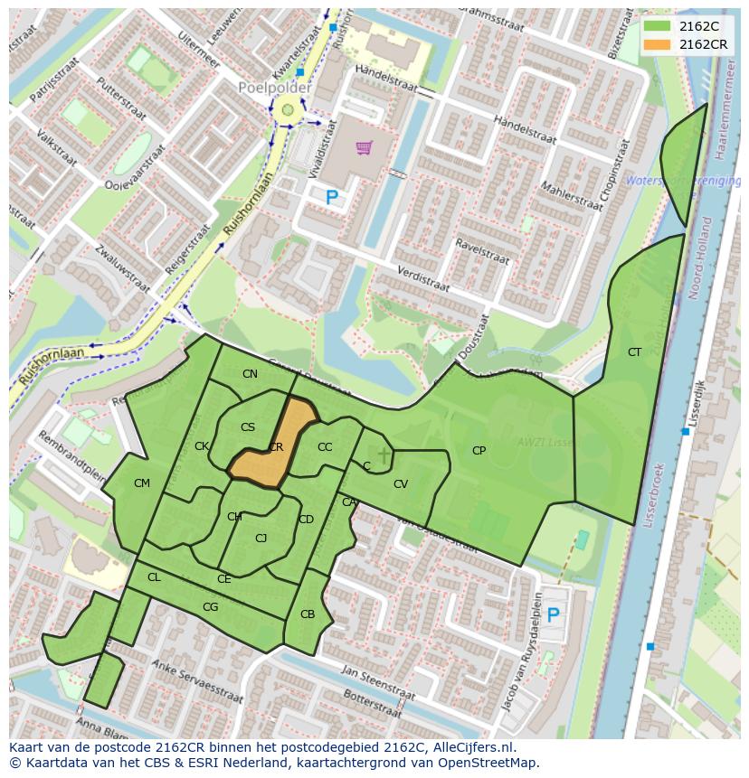 Afbeelding van het postcodegebied 2162 CR op de kaart.
