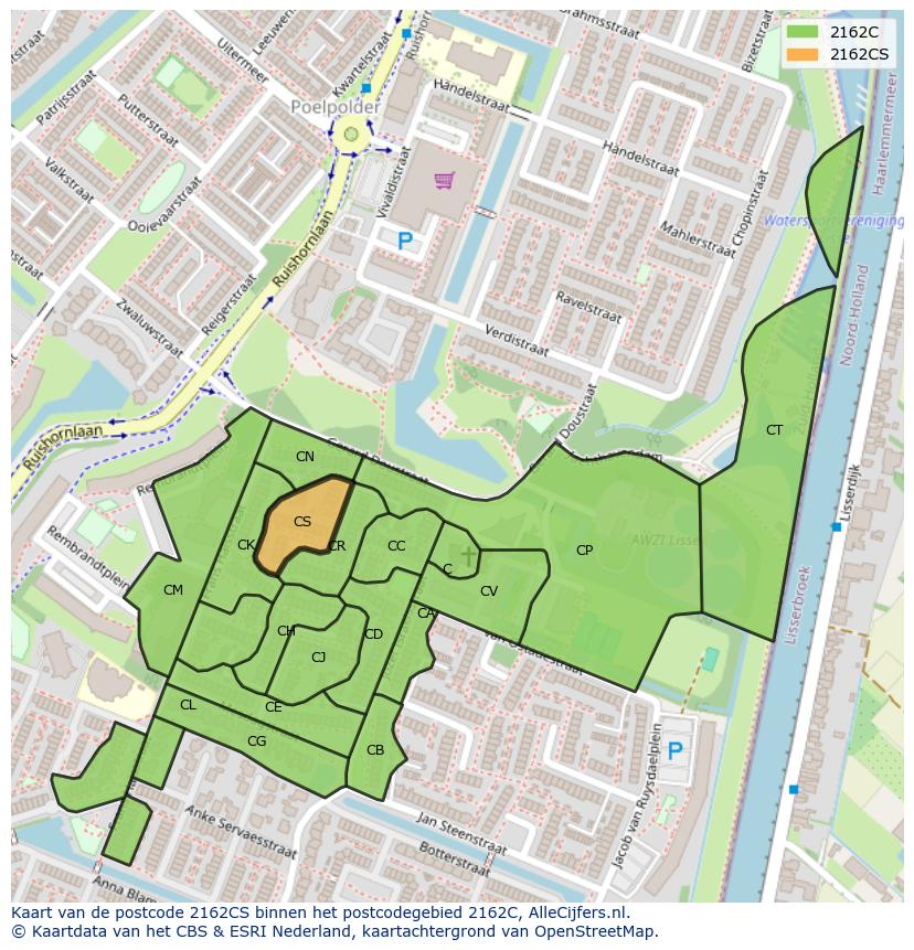 Afbeelding van het postcodegebied 2162 CS op de kaart.