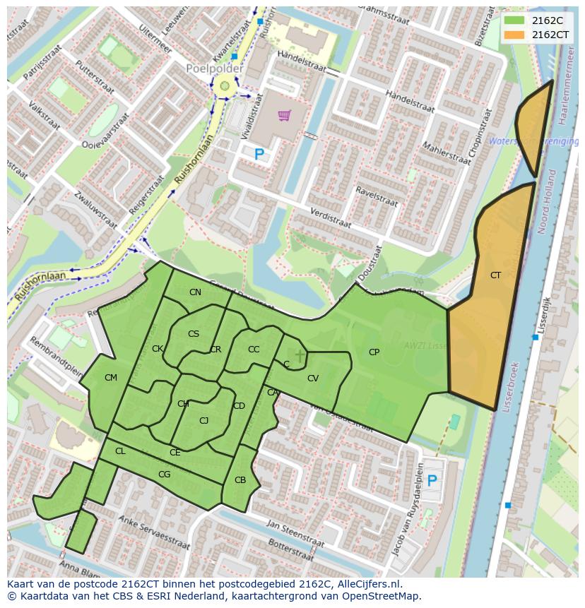 Afbeelding van het postcodegebied 2162 CT op de kaart.
