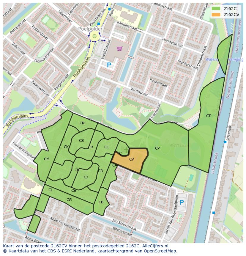 Afbeelding van het postcodegebied 2162 CV op de kaart.