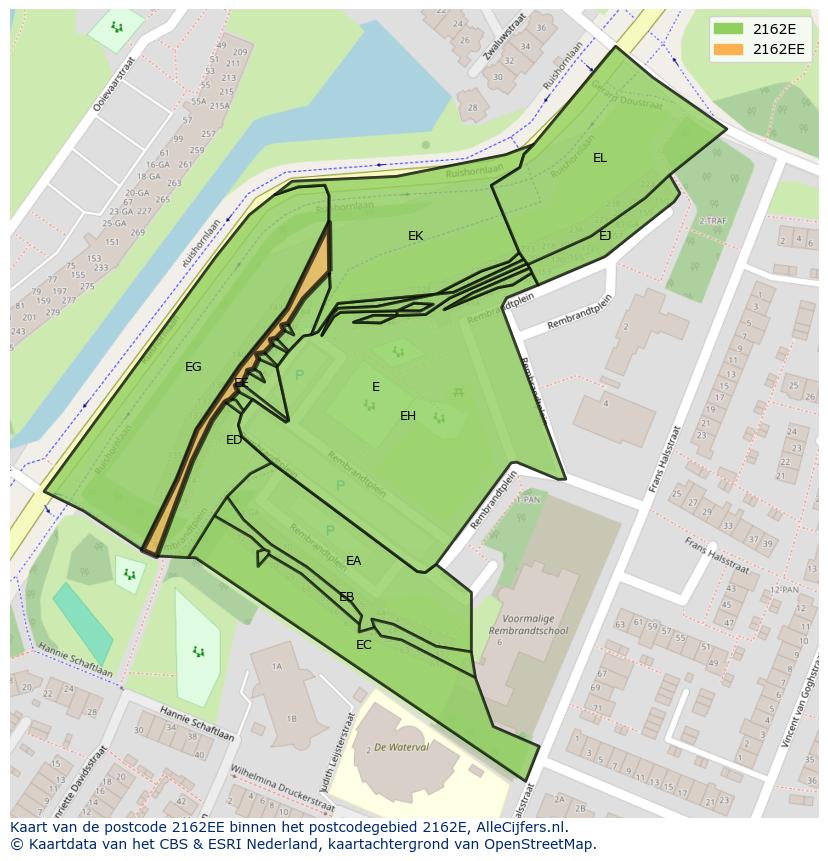 Afbeelding van het postcodegebied 2162 EE op de kaart.