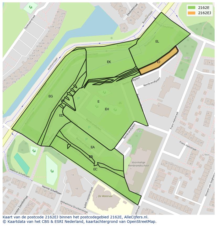 Afbeelding van het postcodegebied 2162 EJ op de kaart.